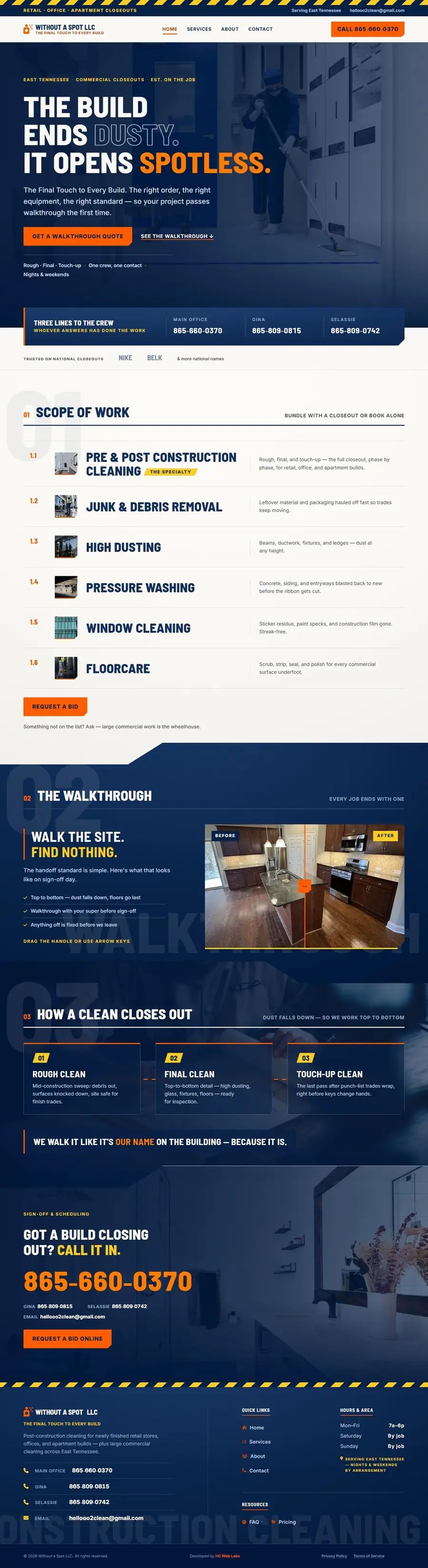 Full-page screenshot of the Without A Spot commercial cleaning website